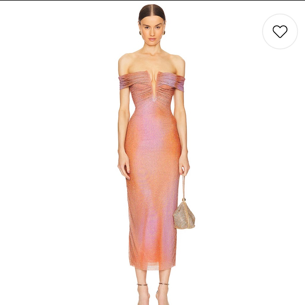 Self-Portrait Rhinestone Midi Dress in Orange Print